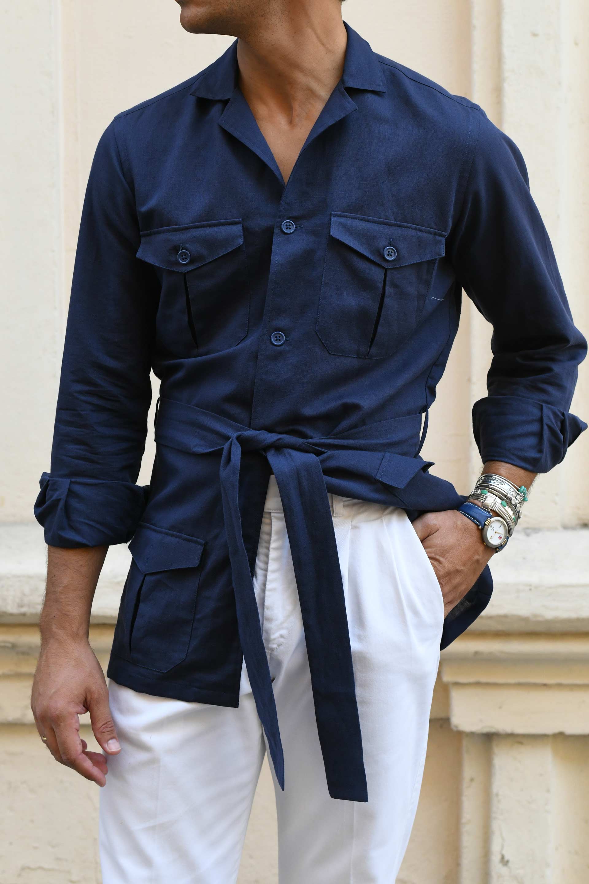Camisa MTO Sahariana lino Azul marino Hippie Crew