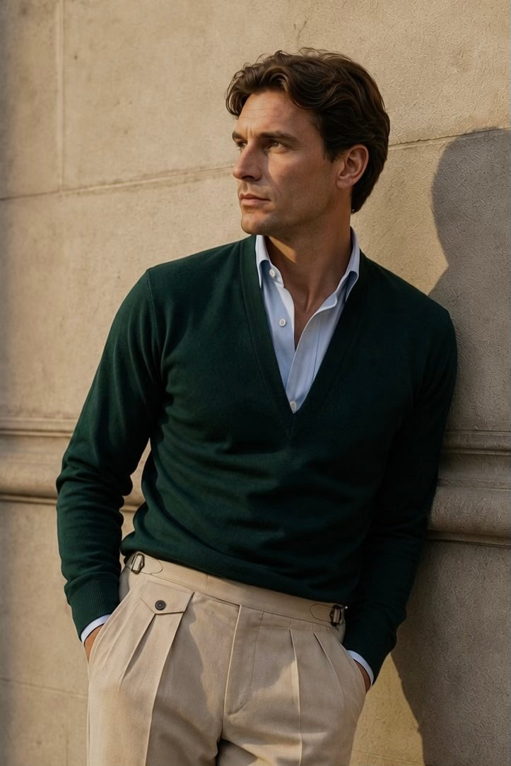 Jersey pico largo lana merino verde inglés