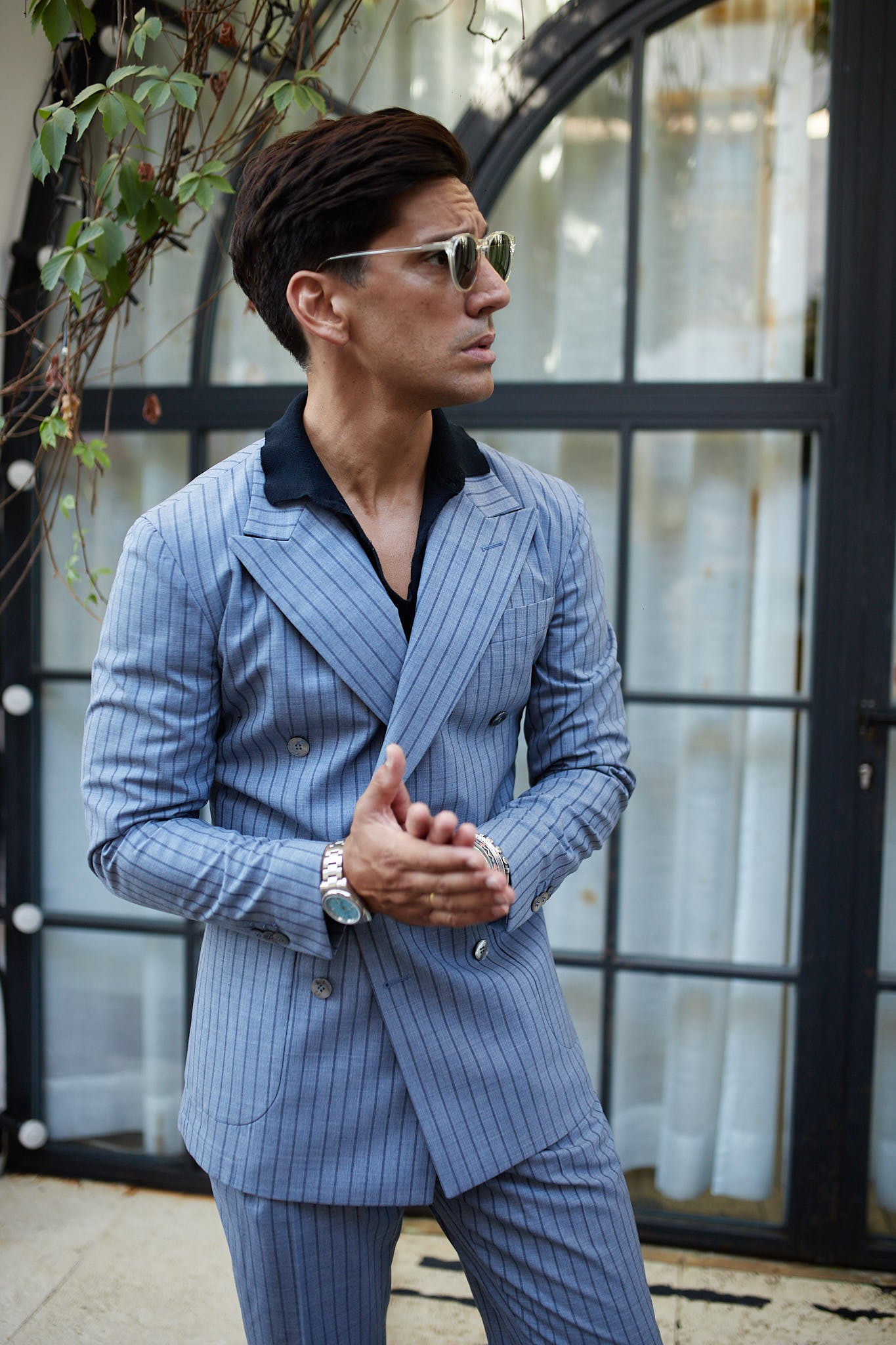 Americana traje cruzado diplomático azul celeste Drago